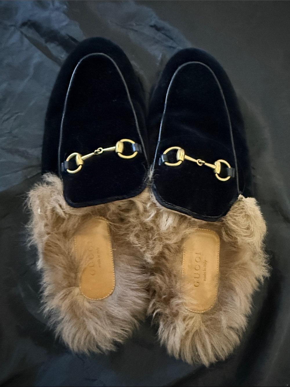 Gucci Black Velvet Fur-Lined Horsebit Mules